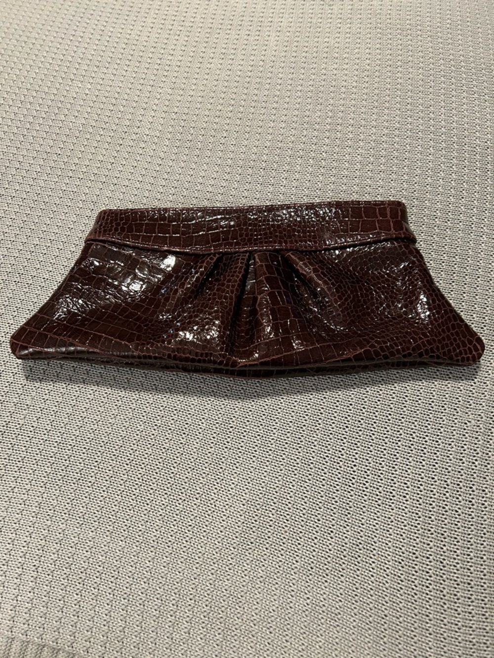 Lauren Merkin Patent LeatherCroc-Embossed Burgundy Clutch with Gold Interior